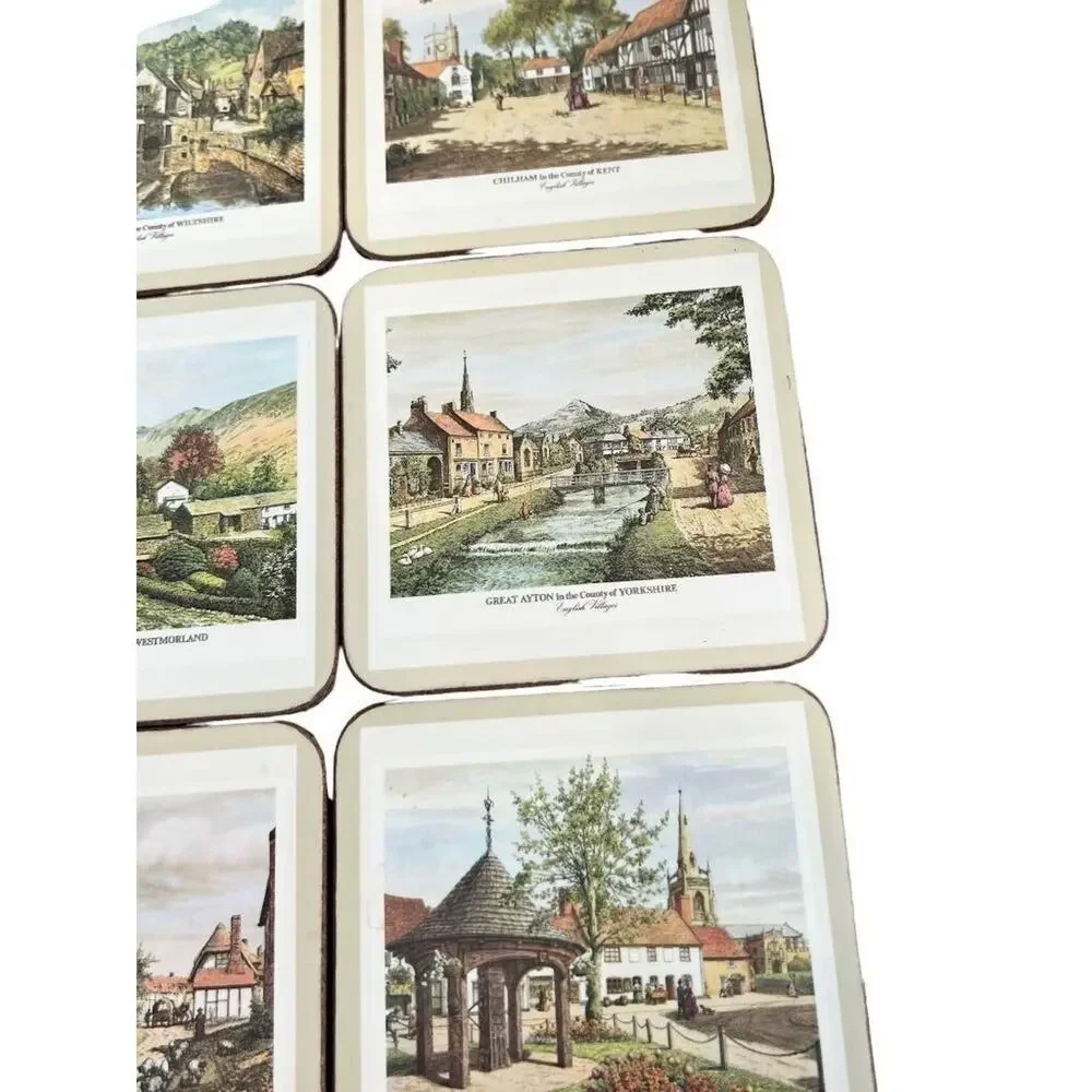 Pimpernel English Villages 4.25x4.25 Coasters Cork Bottom With Box